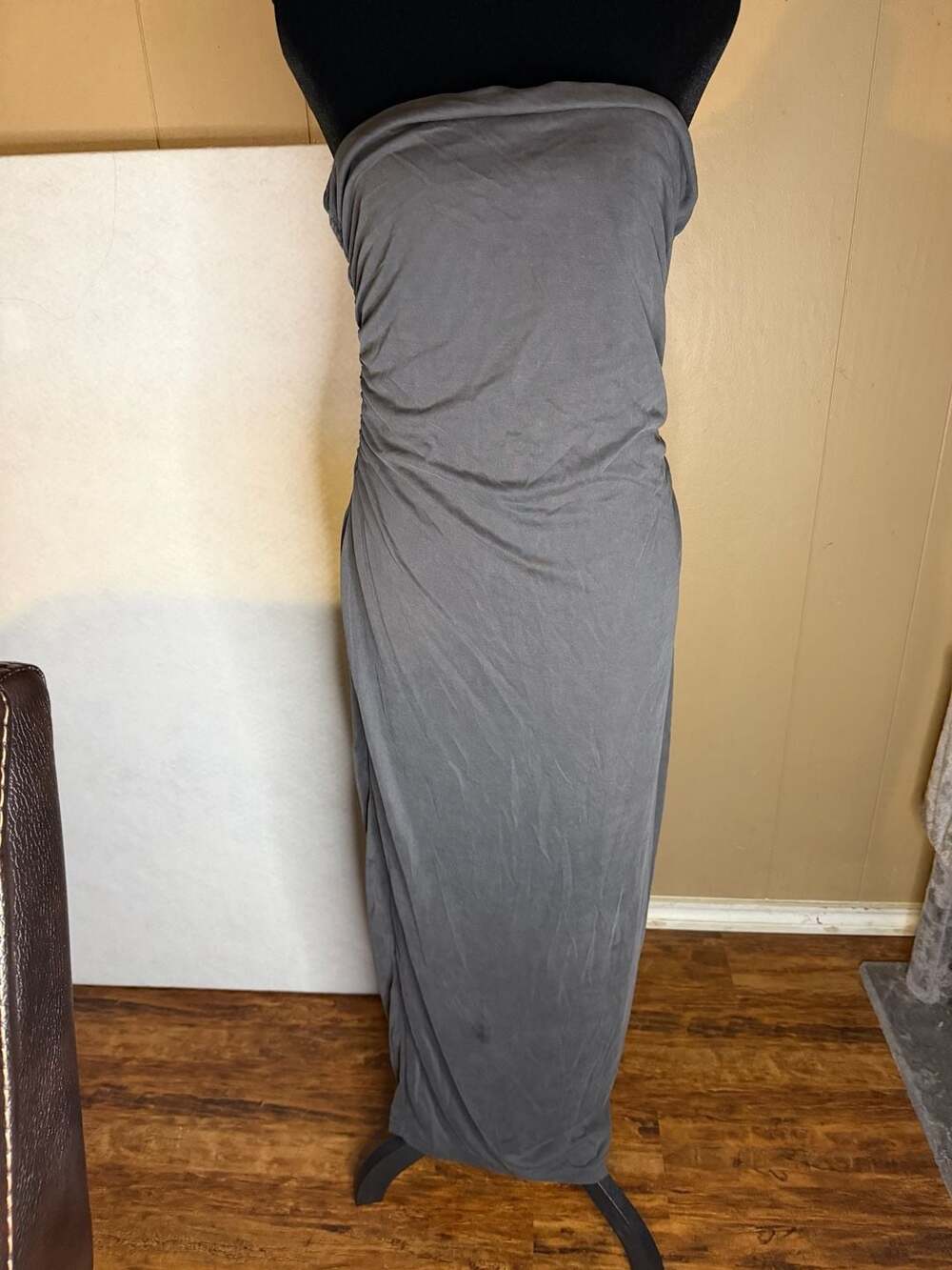 White Fox Charcoal Gray Strapless Ruched Maxi Dress Size XL